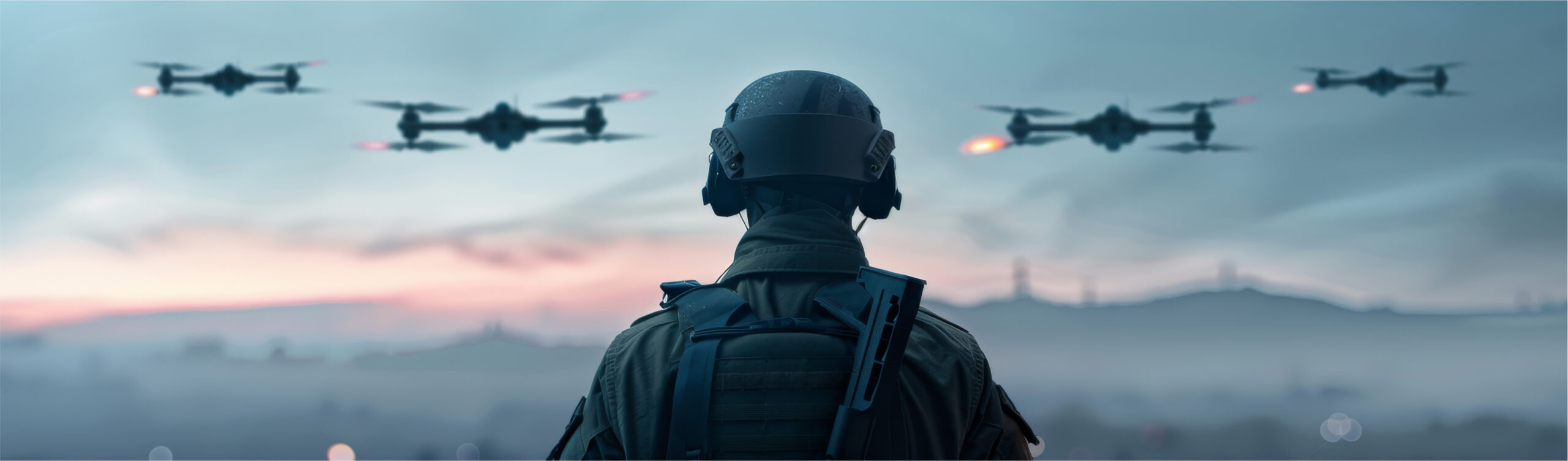 Soldier monitoring autonomous drones flying in formation during a defense mission at dusk
