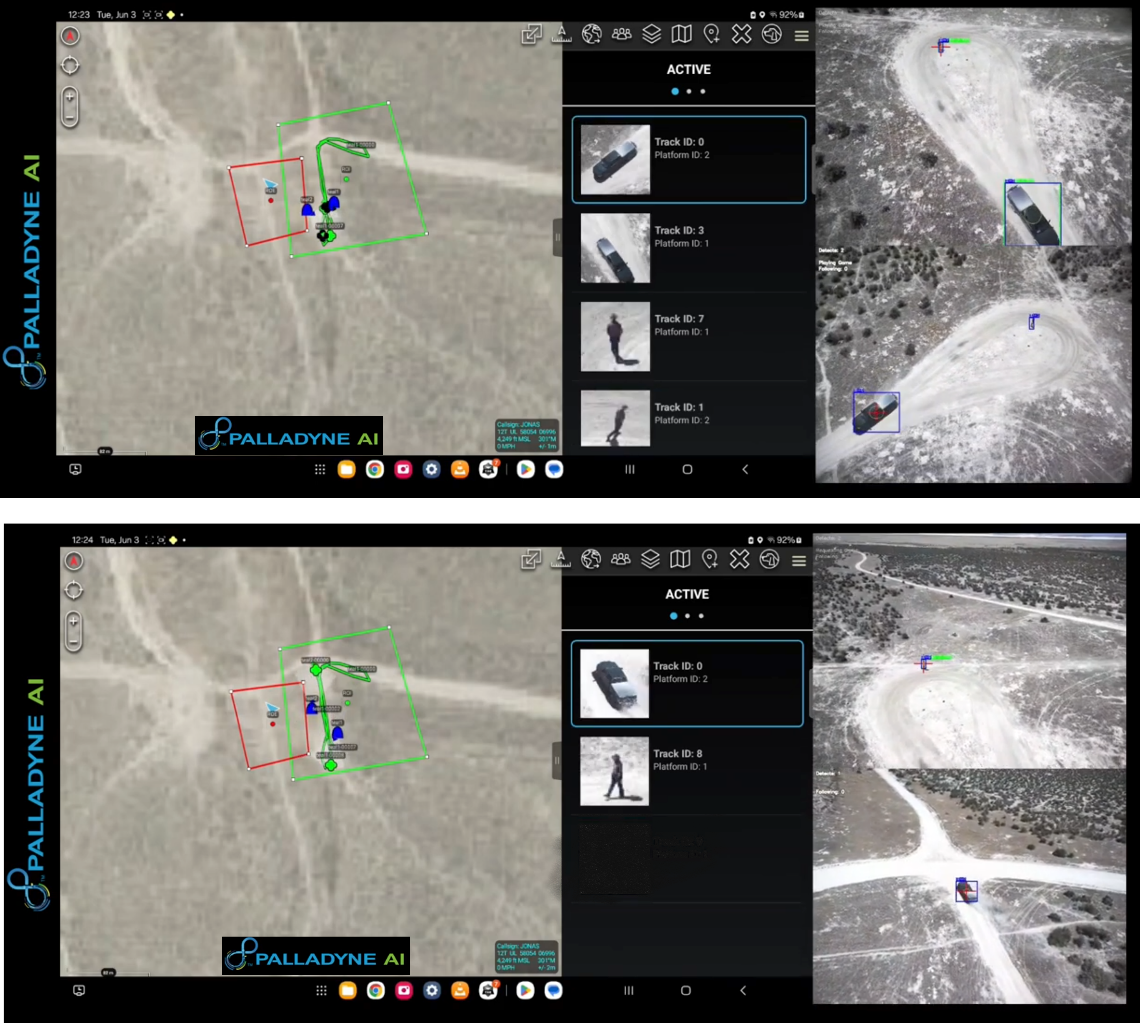 Palladyne Pilot AI interface showing drones autonomously coordinating target tracking within user-defined mission zones.
